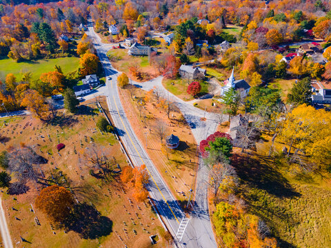 Old Douglas Town Common and First Congregational Church aerial view in fall with foliage in historic town center of Douglas, Massachusetts MA, USA. 