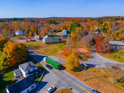Old Douglas Town Common aerial view in fall with foliage in historic town center of Douglas, Massachusetts MA, USA. 