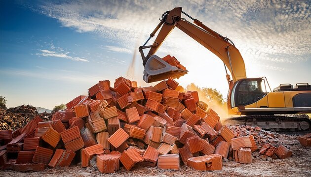 excavator bucket picking up pile of bricks during demolition work