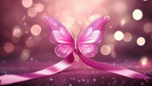pink butterfly ribbon symbol for breast cancer awareness with sparkling background