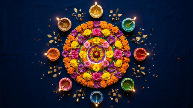Beautiful floral rangoli decoration for a festive holi day celebration