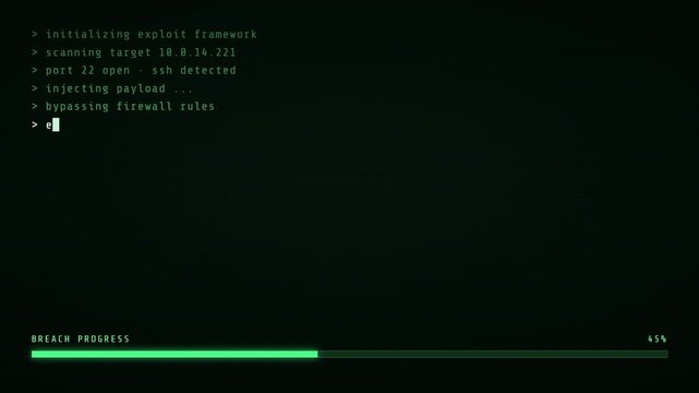 Cyber Security Hacking Terminal Interface with Typing Green Text and Progress Bar