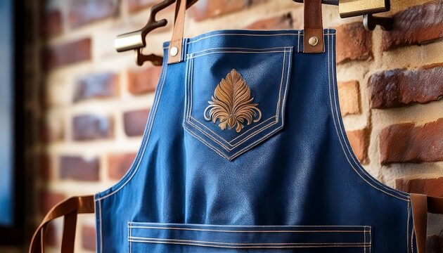 apron blue denim chef s apron with brass detailing and a printed logo hanging on a rustic hook against a brick wall next to a blurry background