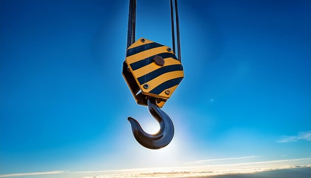 heavy duty industrial crane hook with warning stripes against a clear blue sky ready for construction lifting operations