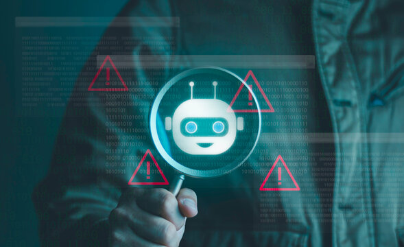 AI cybersecurity concept with digital search and intrusion alerts, representing online threats, data theft, malware, system vulnerabilities, network security, cyber attacks and information protection.