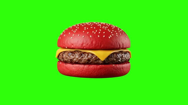 A detailed 3D rendering of a unique cheeseburger featuring bright red sesame seed buns, melted yellow cheese, and a juicy beef patty, isolated on a solid chroma key green background. Excellent for fas