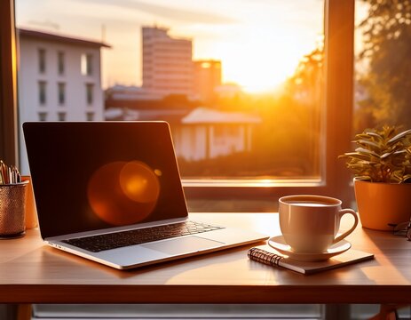 home office desk workspace with laptop coffee and notebook at sunrise