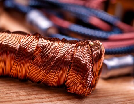 copper wire shielding with braided mesh on a workbench featuring electrical component close up macro shot with detailed texture and metallic braid
