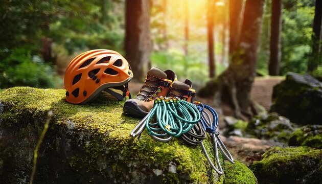 climbing gear rests on mossy rock in forest
