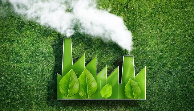 green factory covered in leaves emitting white smoke on grass field eco industry sustainability