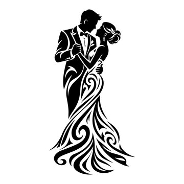 Elegant Wedding Couple Embracing with Ornamental Floral Wedding Dress and Suit Black and White Silhouette Vector Illustration