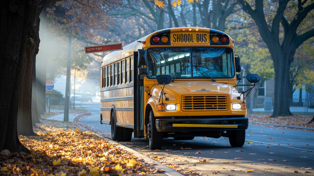 Realistic School Bus Stopped On A Suburban Street In Autumn, Falling Leaves, Soft Morning Light, Documentary Style.