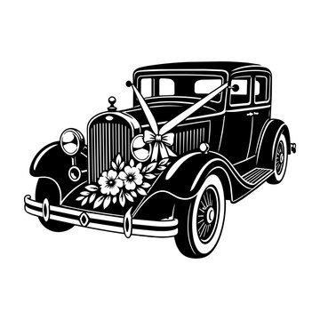 Vintage Classic Wedding Car with Floral Decoration and Ribbon Bow Black and White Vector Illustration