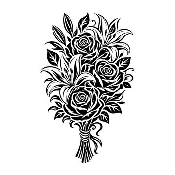 Elegant Hand-Drawn Rose Bouquet with Ornamental Flowers and Leaves Black and White Floral Vector Illustration