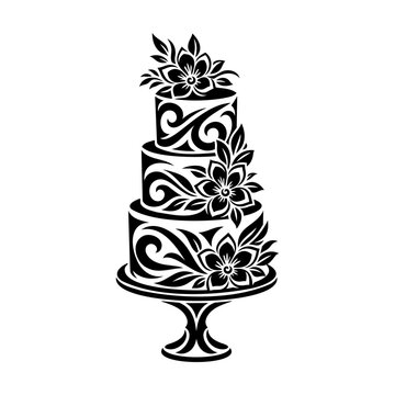 Elegant Three-Tier Wedding Cake with Floral and Swirl Ornament Decoration Black and White Vector Illustration
