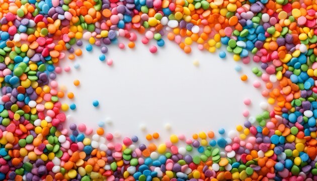 colorful candy sprinkles frame a white background