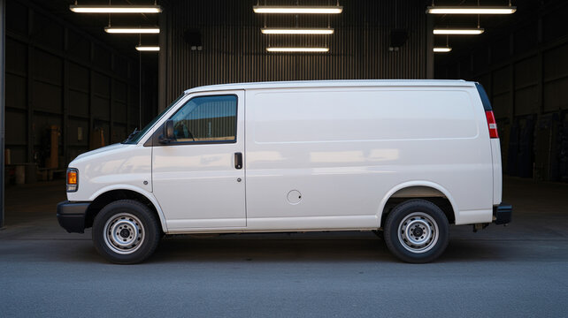 Photorealistic White Delivery Van In A Clean Warehouse Setting, Industrial Lighting, Sharp Branding Space, Commercial Re