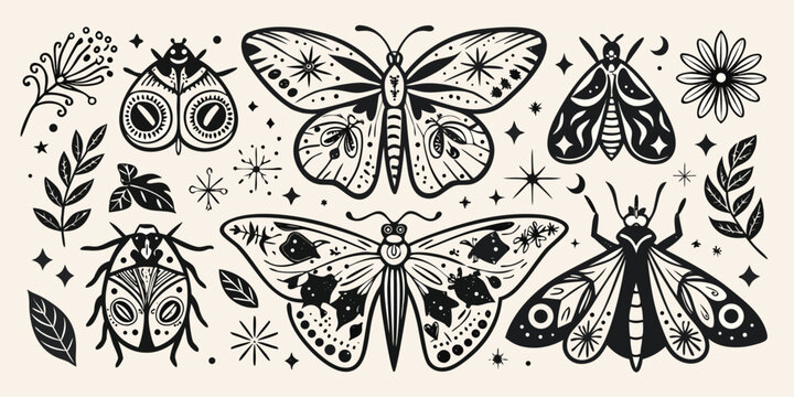 Black And White Linocut Illustration Of Insects And Floral Elements