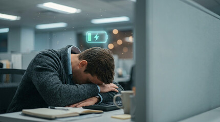 Fototapeta premium Exhausted businessman sleeping at his desk with low battery icon above, representing burnout and mental fatigue in the workplace