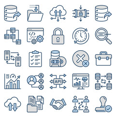 Fototapeta premium Database administration icons illustrating server backup, API integration, data sync, and security protocols.