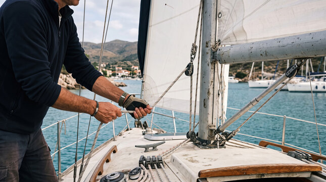 Sailor handling sailing equipment on yacht deck