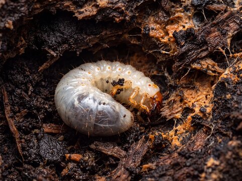 Close-up macro shot of a white rhinoceros beetle grub nestled in decaying wood, showcasing its textured skin and segmented body.