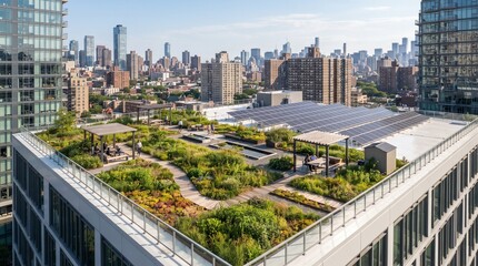 Fototapeta premium Sustainable Urban Rooftop with Garden Solar Panels and Reflective Roofing