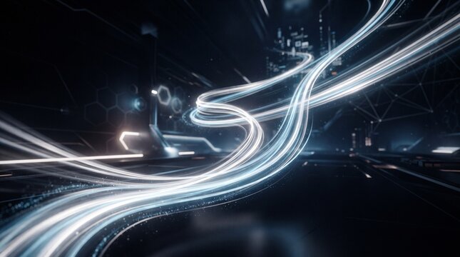 Abstract blue glowing background with flowing lines and futuristic wave patterns, dynamic light energy, modern technology design, dark space backdrop and vibrant luminous motion wallpaper:::