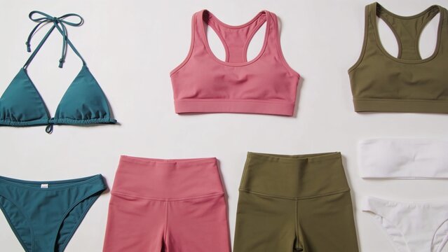 different styles of women's swimwear arranged in two rows on a plain white background. The top row features a teal triangle bikini with string ties, a pink sports bra-style top, and an olive green rac