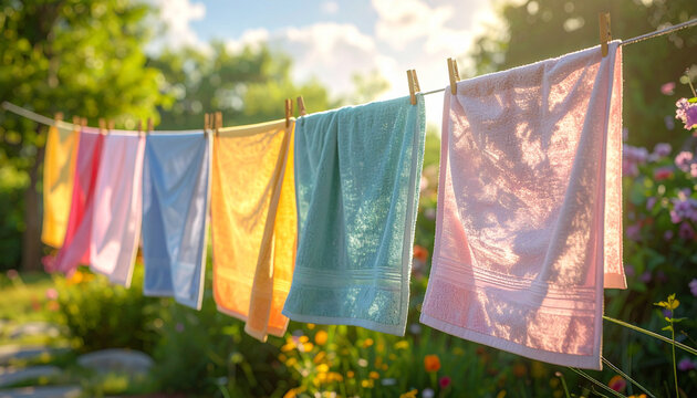 Colorful Towels Drying on a Clothesline in Summer Breeze