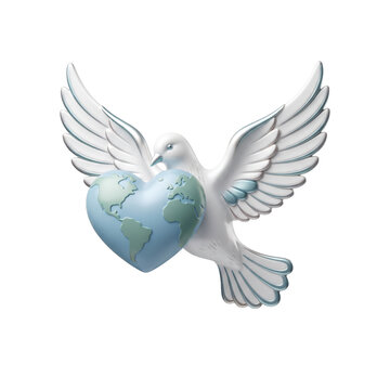 White Dove Carrying Heart-Shaped Globe Symbolizing Global Peace, Unity, Love and Environmental Care