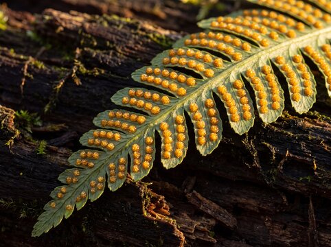 Close-up of a fern frond showing rows of golden sori (spore clusters) on the underside of a leaf, resting on mossy bark.