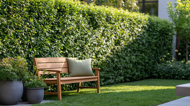 Wide shot of a cozy backyard enclosed by a tall lush hedge wall, wooden bench and potted plants nearby, warm golden hour light, privacy and outdoor living concept, copy space on th