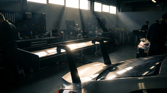 Racing car spoiler in workshop with dramatic light beams