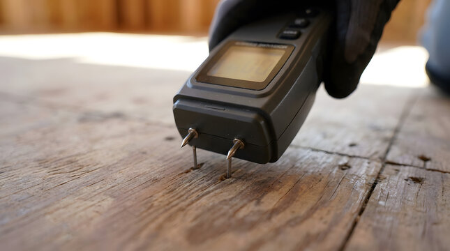 Digital moisture meter testing wood subfloor | Home inspection for water damage and mold | Measuring moisture levels in lumber | Professional floor installation tools