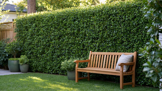 Wide shot of a cozy backyard enclosed by a tall lush hedge wall, wooden bench and potted plants nearby, warm golden hour light, privacy and outdoor living concept, copy space on th