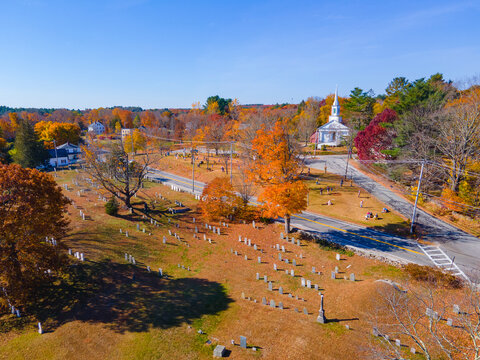 Old Douglas Town Common and First Congregational Church aerial view in fall with foliage in historic town center of Douglas, Massachusetts MA, USA. 
