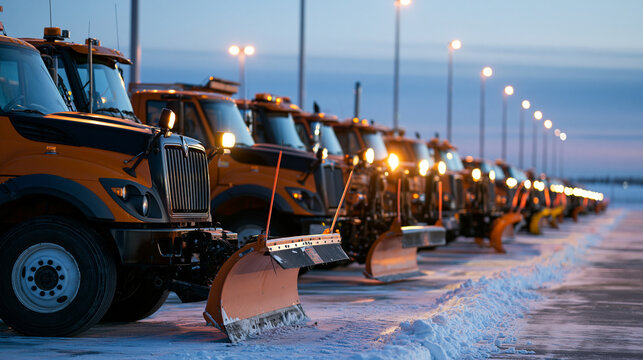 Wide shot of a fleet of snowplow trucks parked in a municipal depot at dusk, snow-covered yard, streetlights glowing, no people, public works and winter preparedness concept, copy
