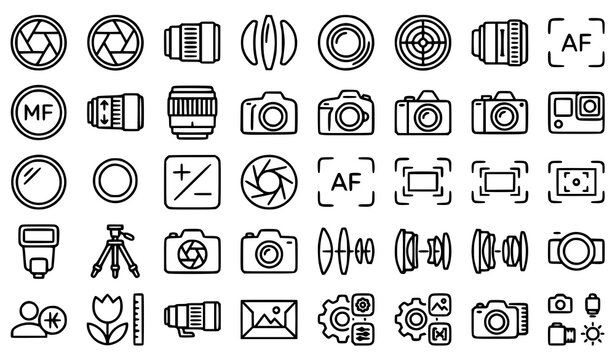 Camera Shutter and Lens Line Icons Set with Aperture Focus and Photography Symbols