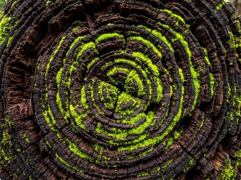 Close-up of vibrant green moss growing in concentric rings on a weathered, dark brown tree stump, revealing intricate textures and natural patterns.