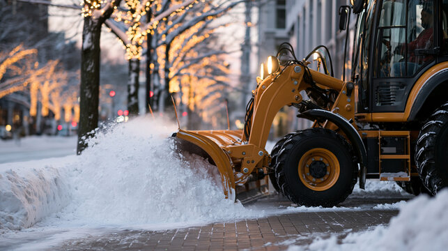Sidewalk snow-clearing machine working along a quiet city street lined with snow-dusted trees, early morning soft light, no people, urban winter maintenance concept, copy space abo