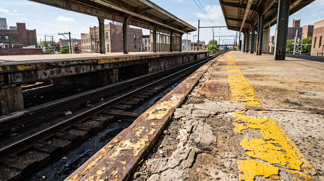 Urban elevated train tracks and station platforms under an open sky