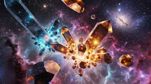 Celestial crystalline formation in vibrant outer space with glowing nebulae and cosmic stardust