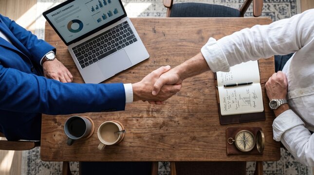 Professional business partners conclude a successful meeting with a firm handshake over a wooden table