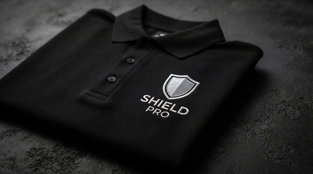 Black polo shirt mockup folded on dark concrete surface with silver embroidered Shield Pro security logo

