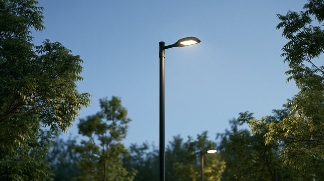 Single street LED lighting pole offering efficient illumination for a bright urban area, enhancing visibility and safety, no people, bright, LED lighting pole, urban illumination,
