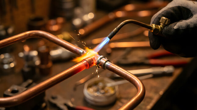 Professional brazing of copper refrigerant lines | HVAC technician soldering copper pipes with gas torch | Industrial metal pipe welding and repair | Close-up of plumbing brazing process