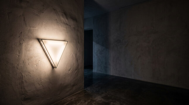 Modern triangular wall lamp illuminating textured concrete wall in dark hallway