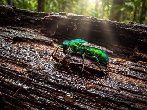 Emerald Wasp Paralysing Cockroach on Wet Log in Sunlit Forest Floor