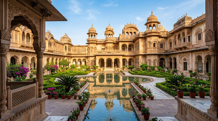 Naklejka premium Ornate Indian Palace Courtyard with Reflecting Pool and Lush Gardens